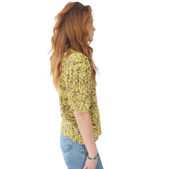 80s Vintage Knit Short Sleeve Yellow Black Sweater Shoulder Pads Women's Size M - Picture 4 of 5
